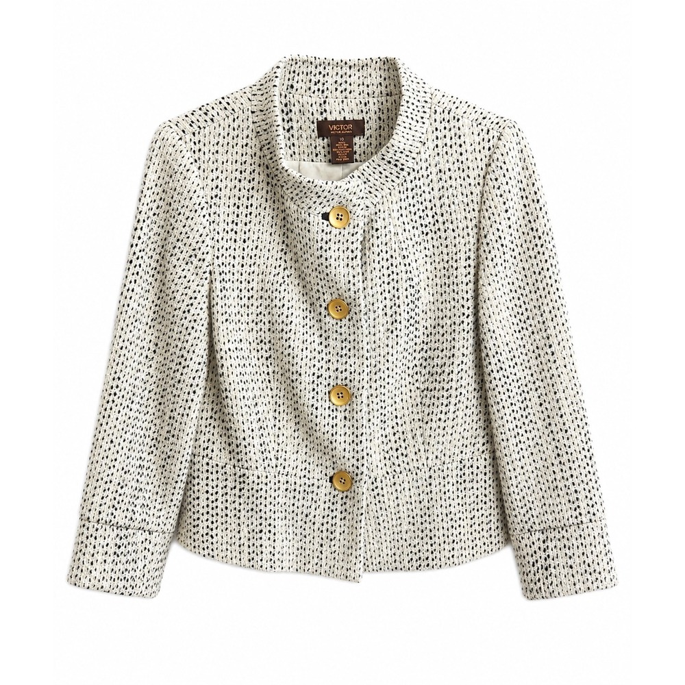 Victor by Victor Alfaro Wool Blend Tweed Jacket Women's 10 Cream Black